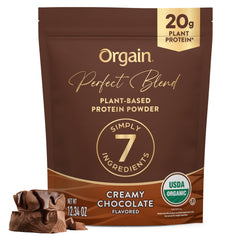 Orgain Perfect Blend chocolate powder with scoop for a protein-rich shake