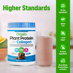 Orgain powder with measuring spoon showing 15g plant protein per serving