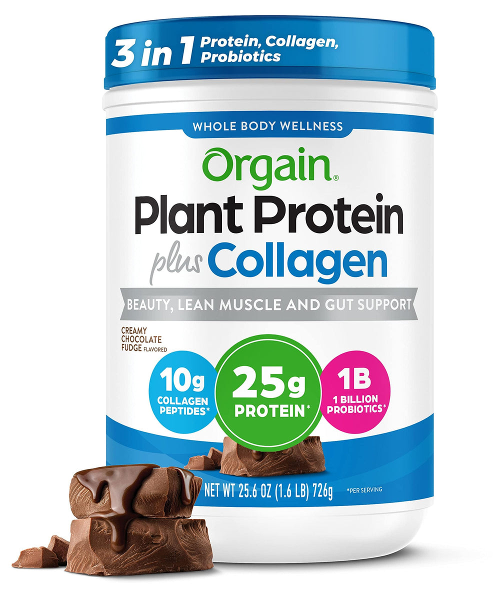Orgain plant protein with collagen powder scoop in Creamy Chocolate Fudge for a smooth shake