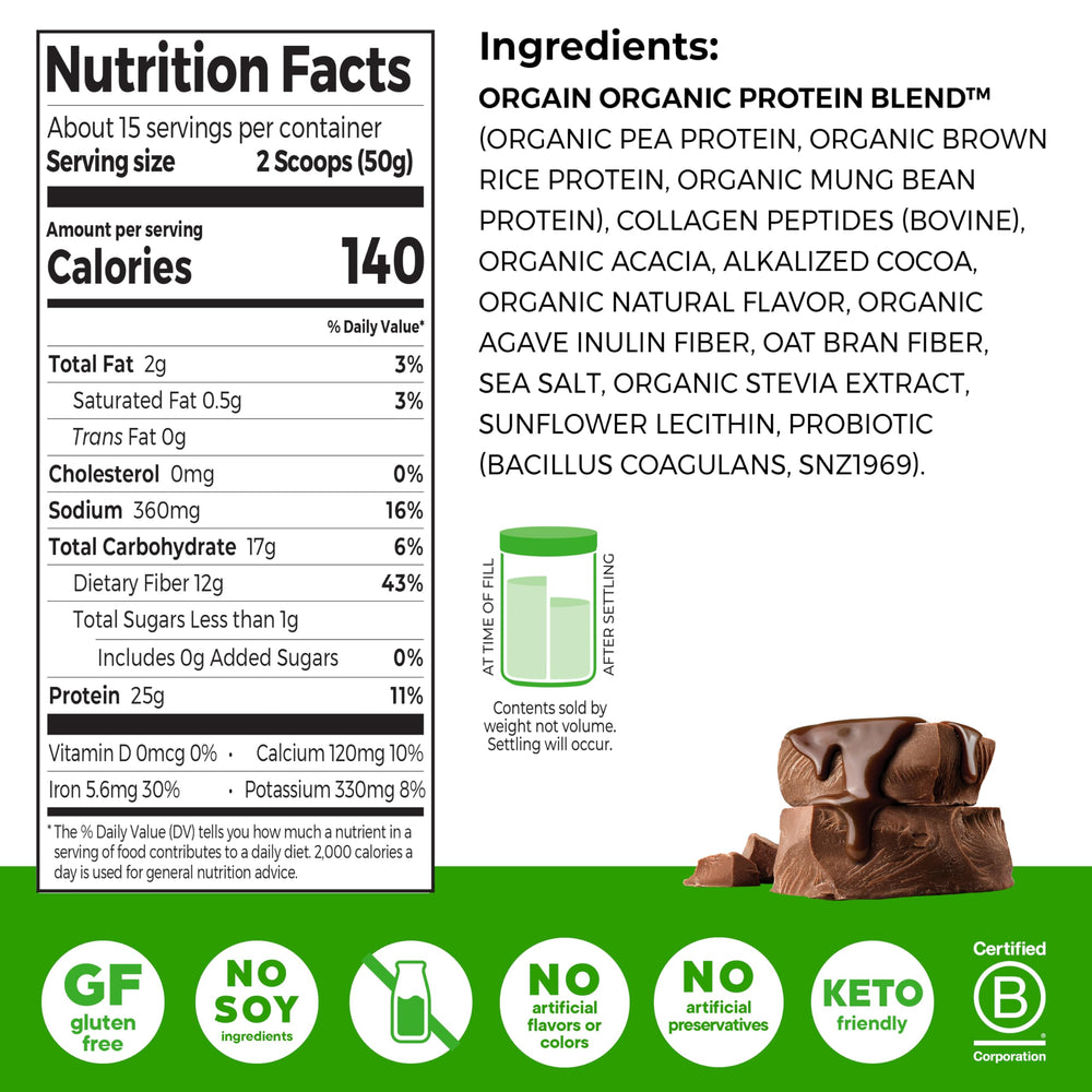 Orgain creamy chocolate fudge powder in shaker bottle ready for post-workout mix