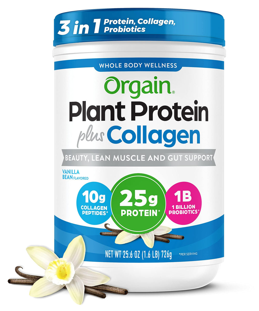 Orgain Vanilla Bean bottle showing the protein + collagen blend for daily nutrition