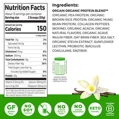 Orgain Vanilla Bean scoop with powder ready to mix in a shake
