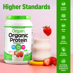 Orgain shake made with Strawberries & Cream protein powder, creamy texture.