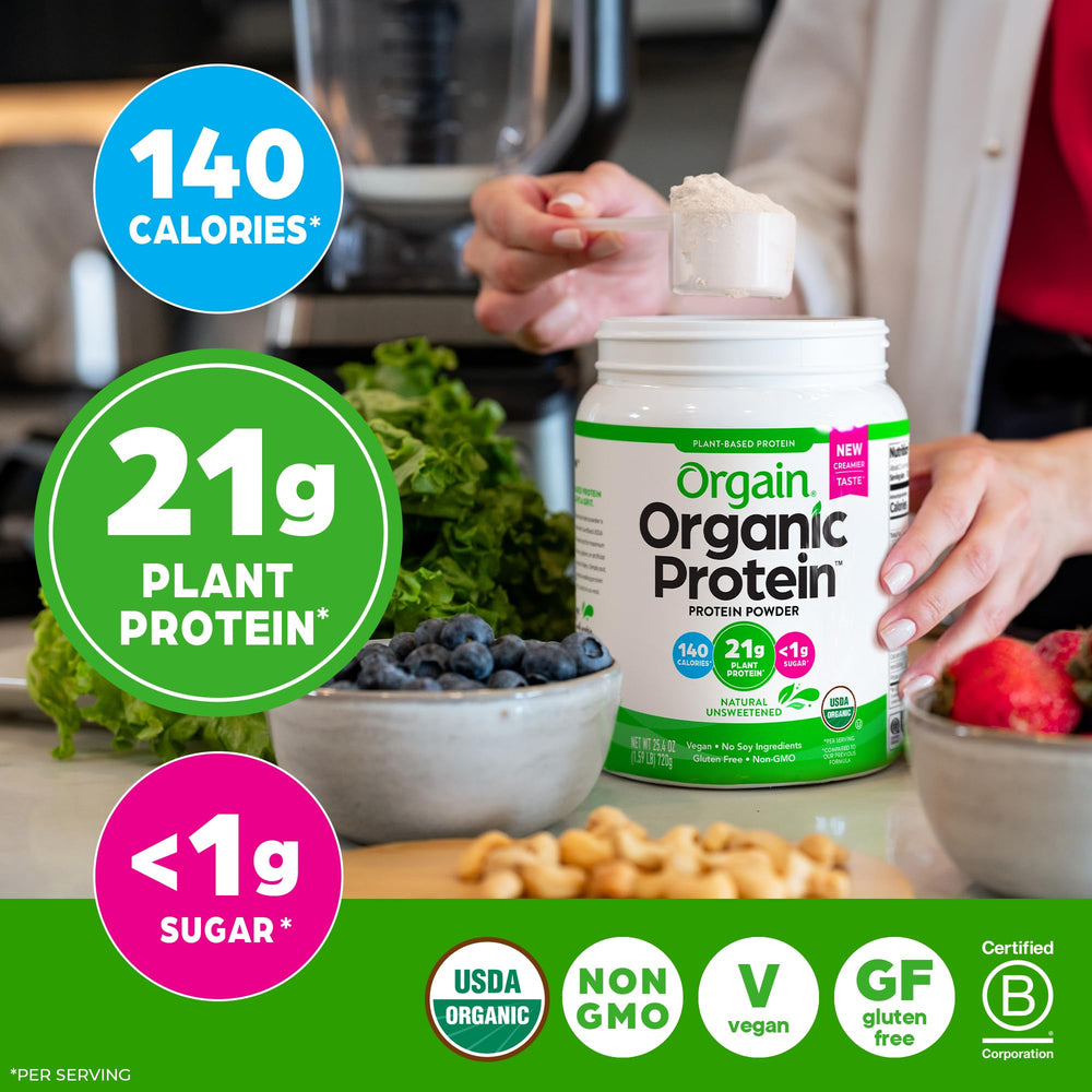 Orgain protein powder with almond milk for versatile mix options.