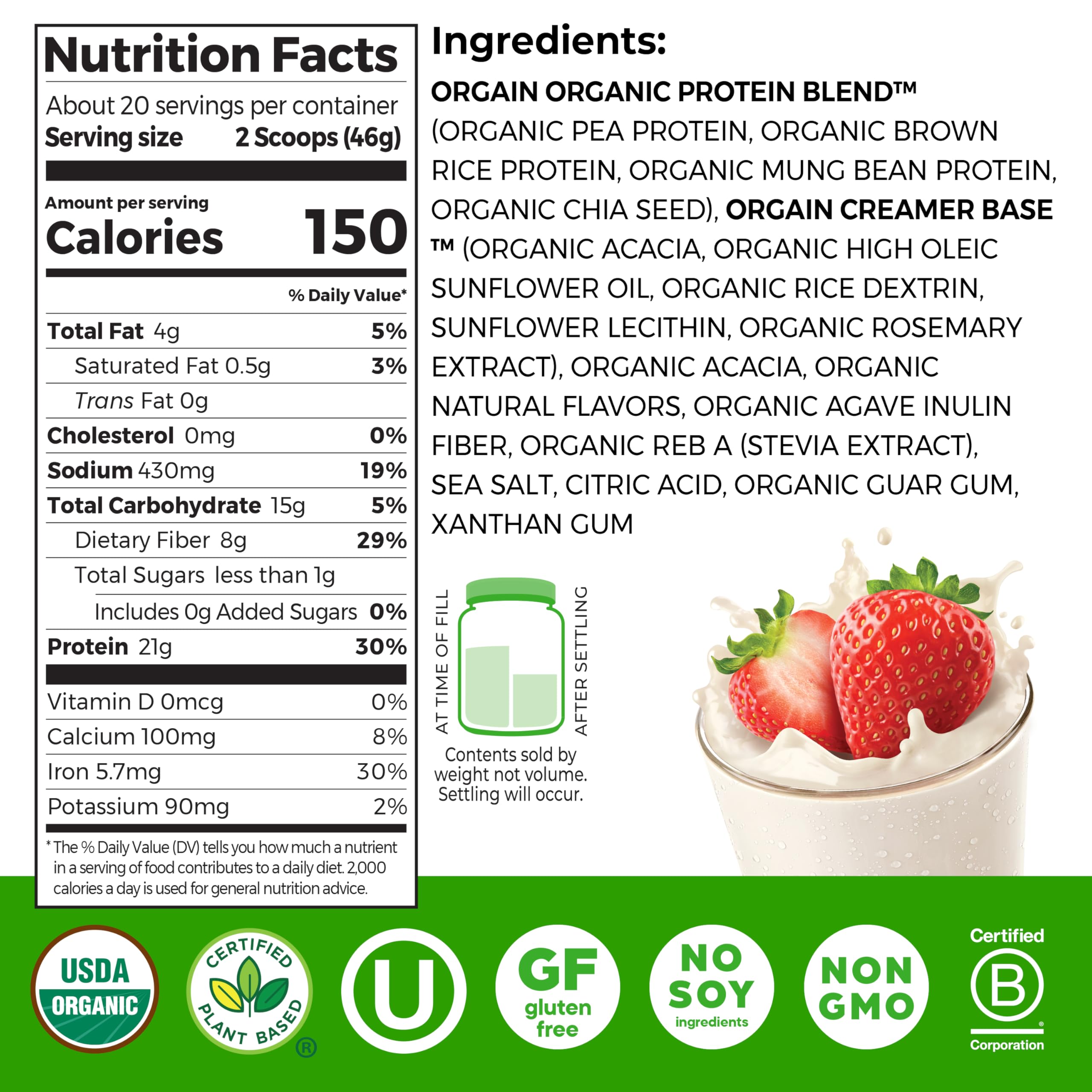 Orgain Strawberries & Cream powder scoop close-up for quick shakes.