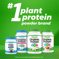 Orgain tub with serving scoop illustrating convenient daily protein