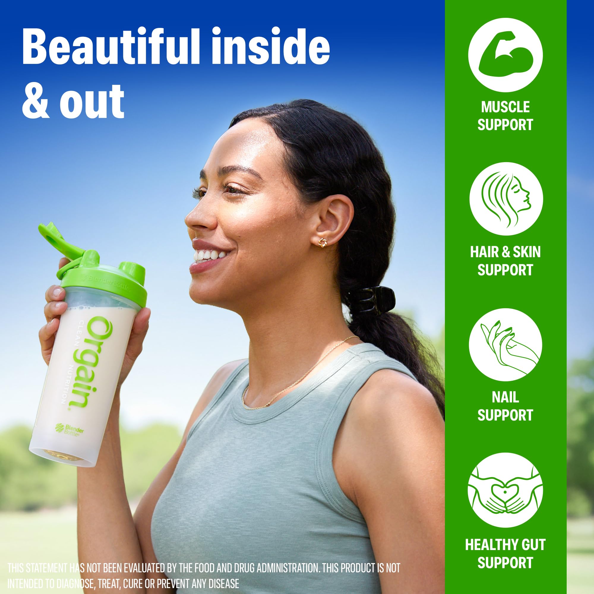Tub of Orgain Vanilla Bean protein powder and collagen peptides