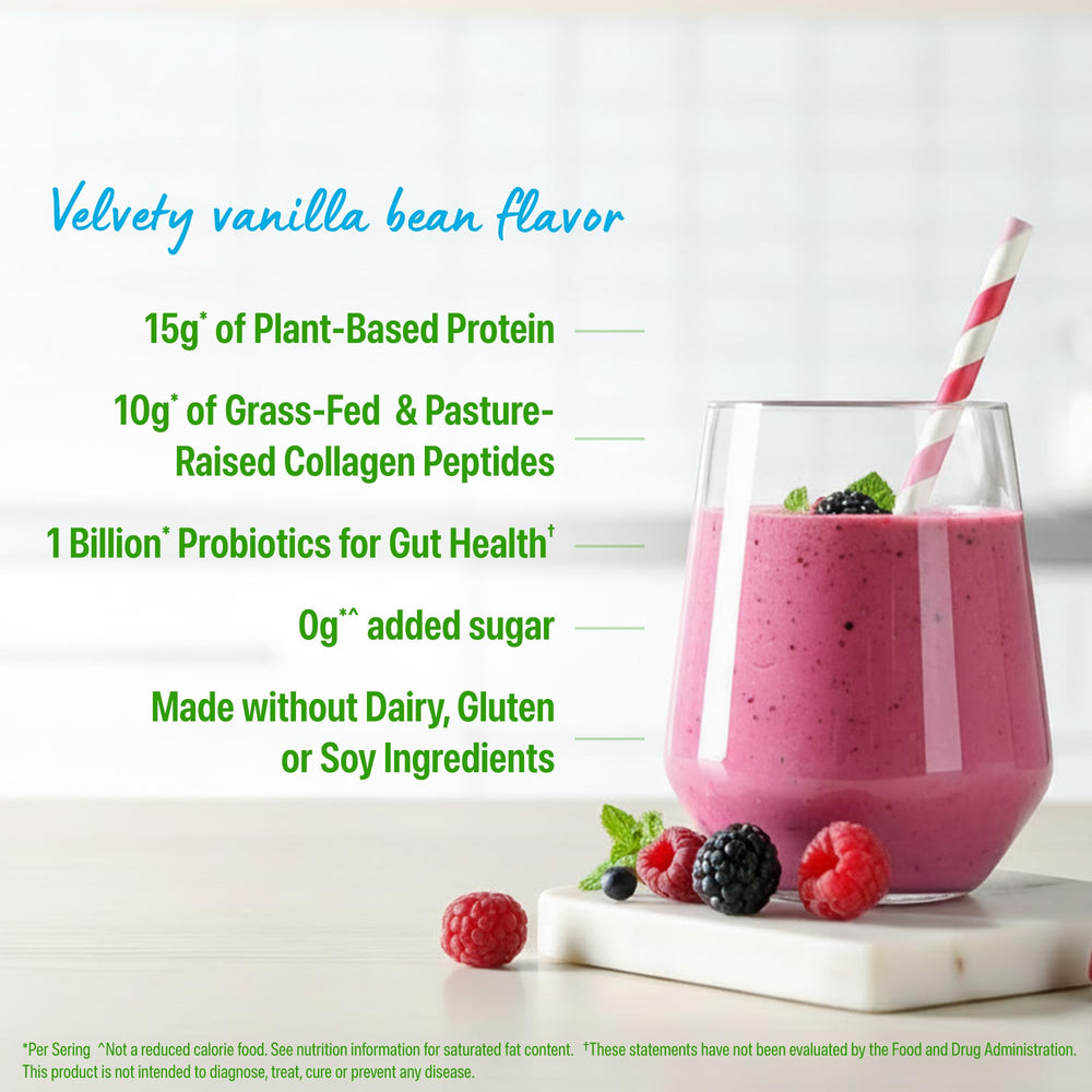 Smoothie glass with Orgain Vanilla Bean protein for creamy texture