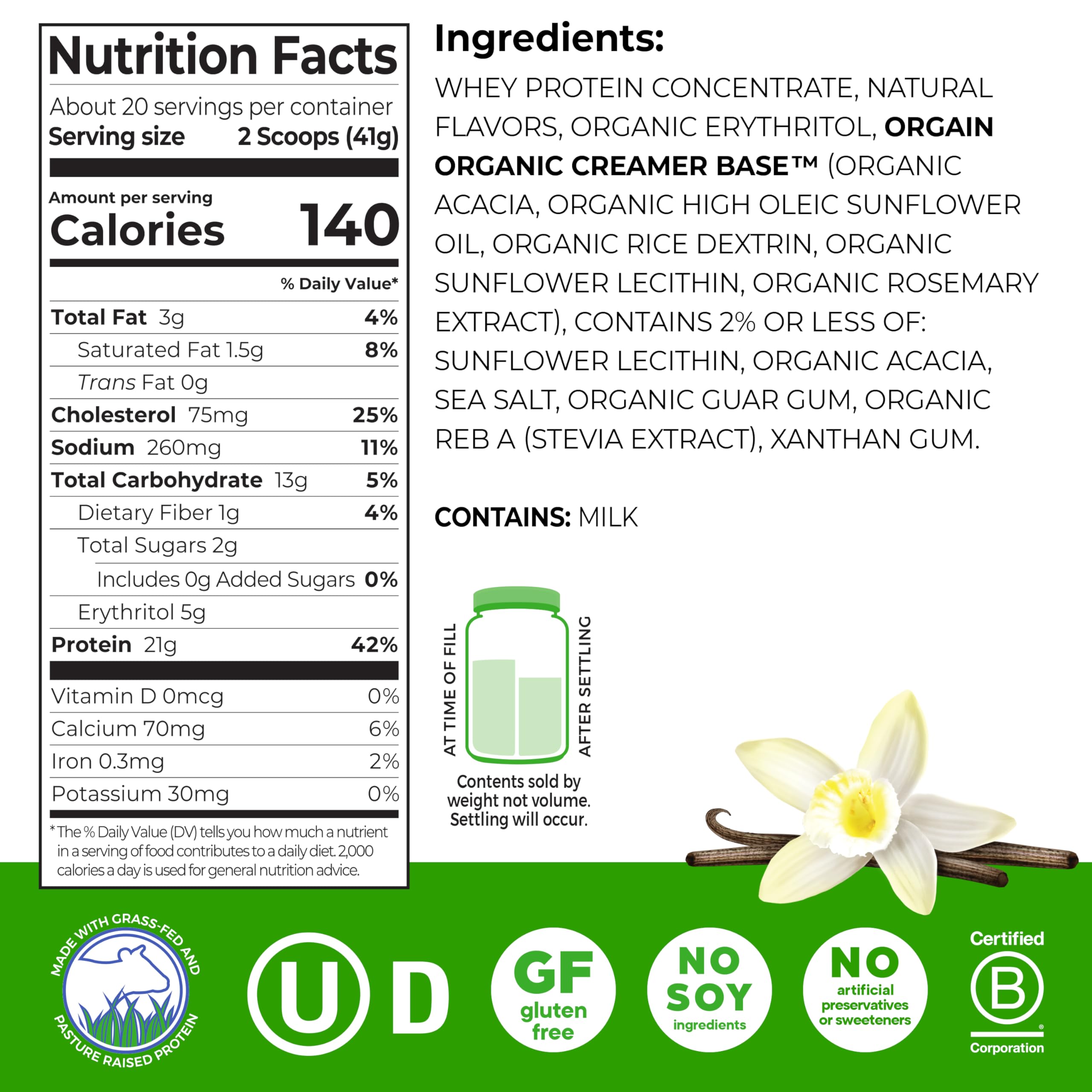 Orgain Vanilla Bean whey protein shake served in a glass after workouts.