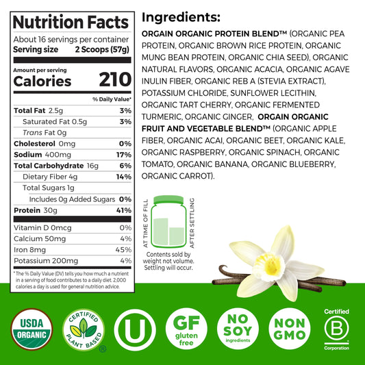 Orgain Vanilla organic-fruit-veggie-blend highlights organic nutrition for daily fueling.