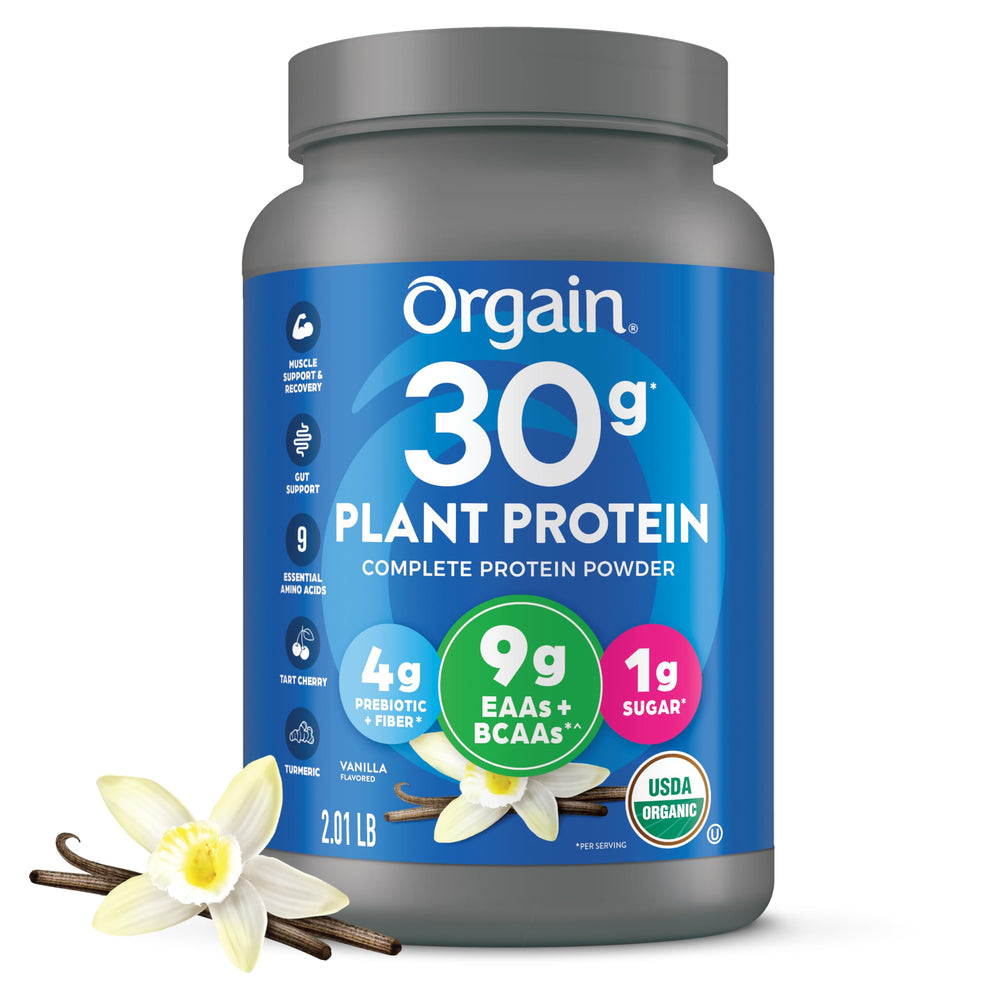 Orgain Vanilla plant protein powder tub shows complete EAAs for balanced workouts.