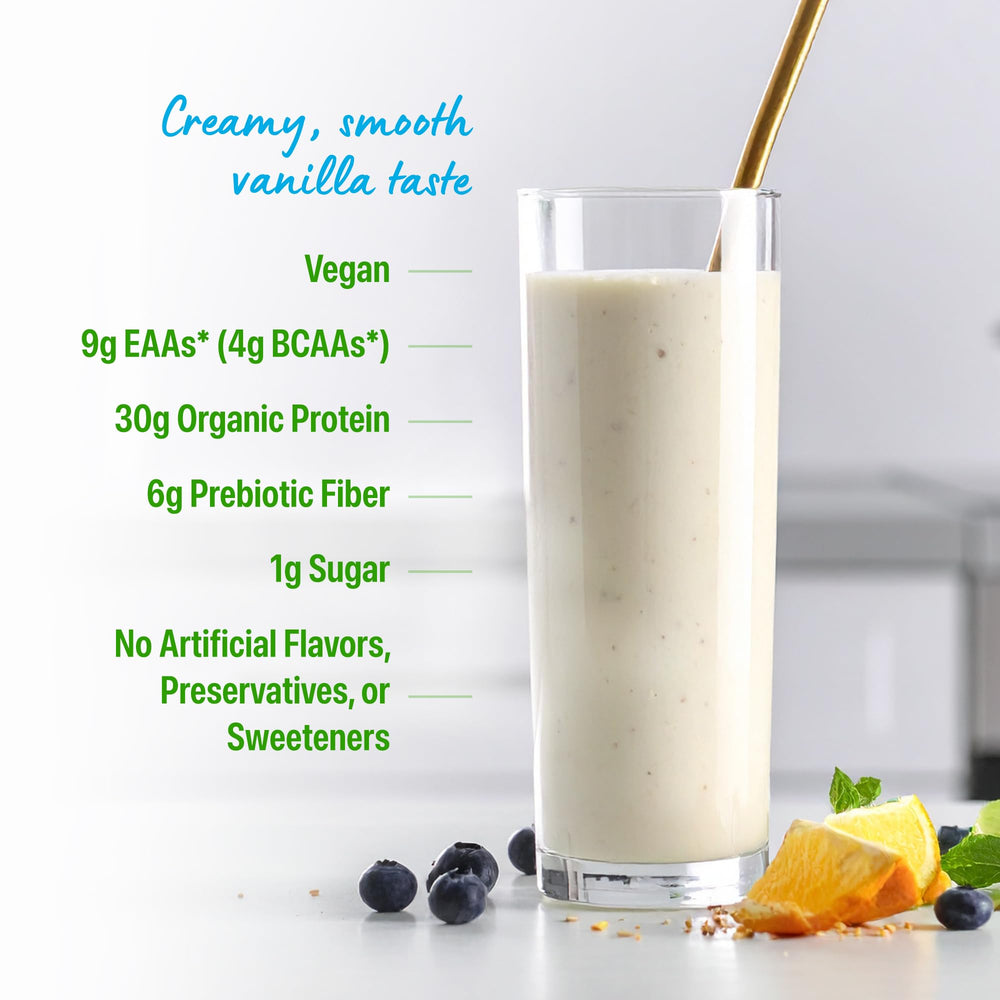 Orgain Vanilla prebiotic-fiber-visual shows gut-friendly digestive benefits.