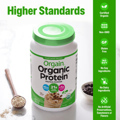 Orgain vegan gluten-free non-GMO label visible for dietary needs.