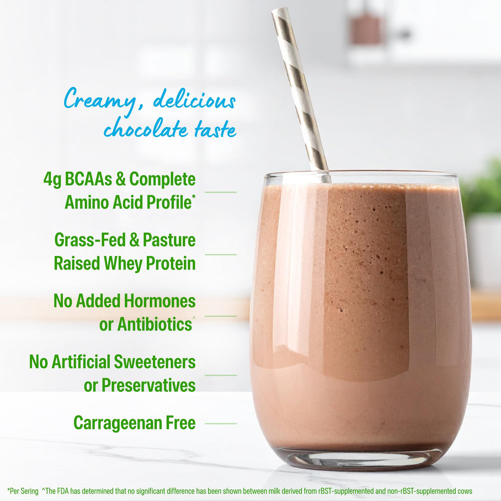 Orgain Whey Protein with 4g prebiotic fiber and 5g BCAAs featured in each scoop.
