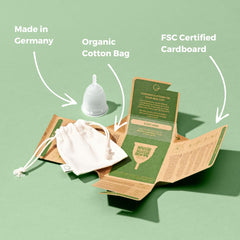 OrganiCup German-made mark highlights quality manufacturing.