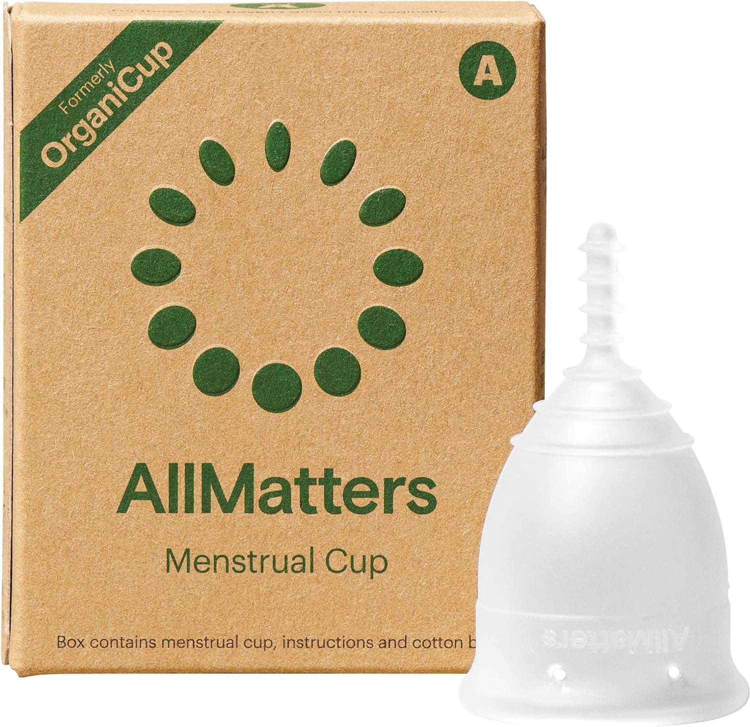 OrganiCup Size A in soft silicone for comfortable wear.