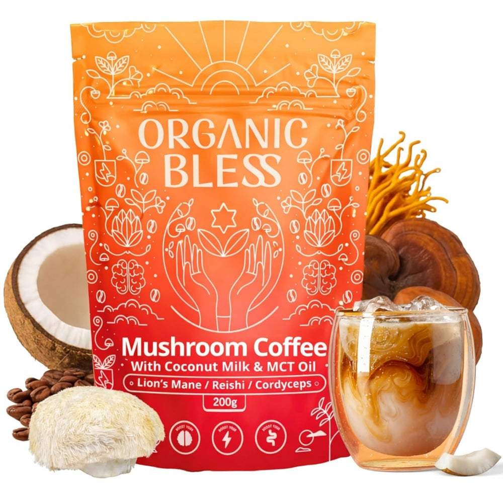 Organic Bless Instant Mushroom Coffee pour with a smooth, creamy texture for a quick morning cup.