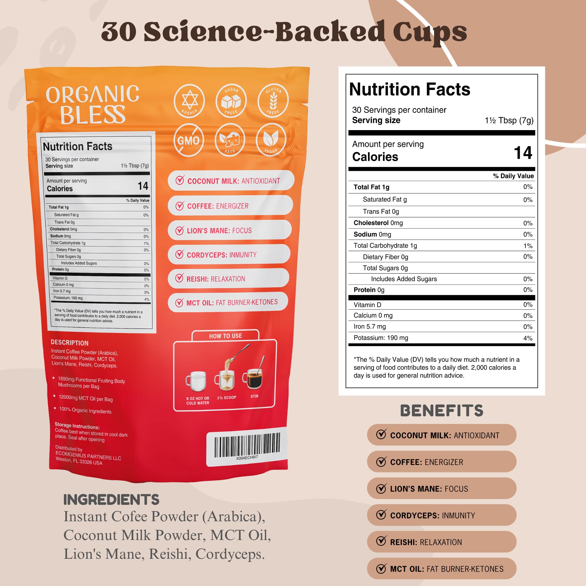 Organic Bless Lion’s Mane close-up highlighting premium fruiting-body extract for focused mornings.