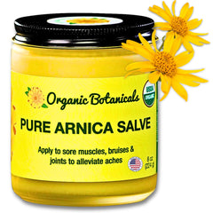 Organic Botanicals Arnica Salve jar closeup for soothing muscle comfort.