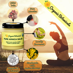 Organic Botanicals Arnica Salve open jar showcases shea butter and arnica oils for smooth application.