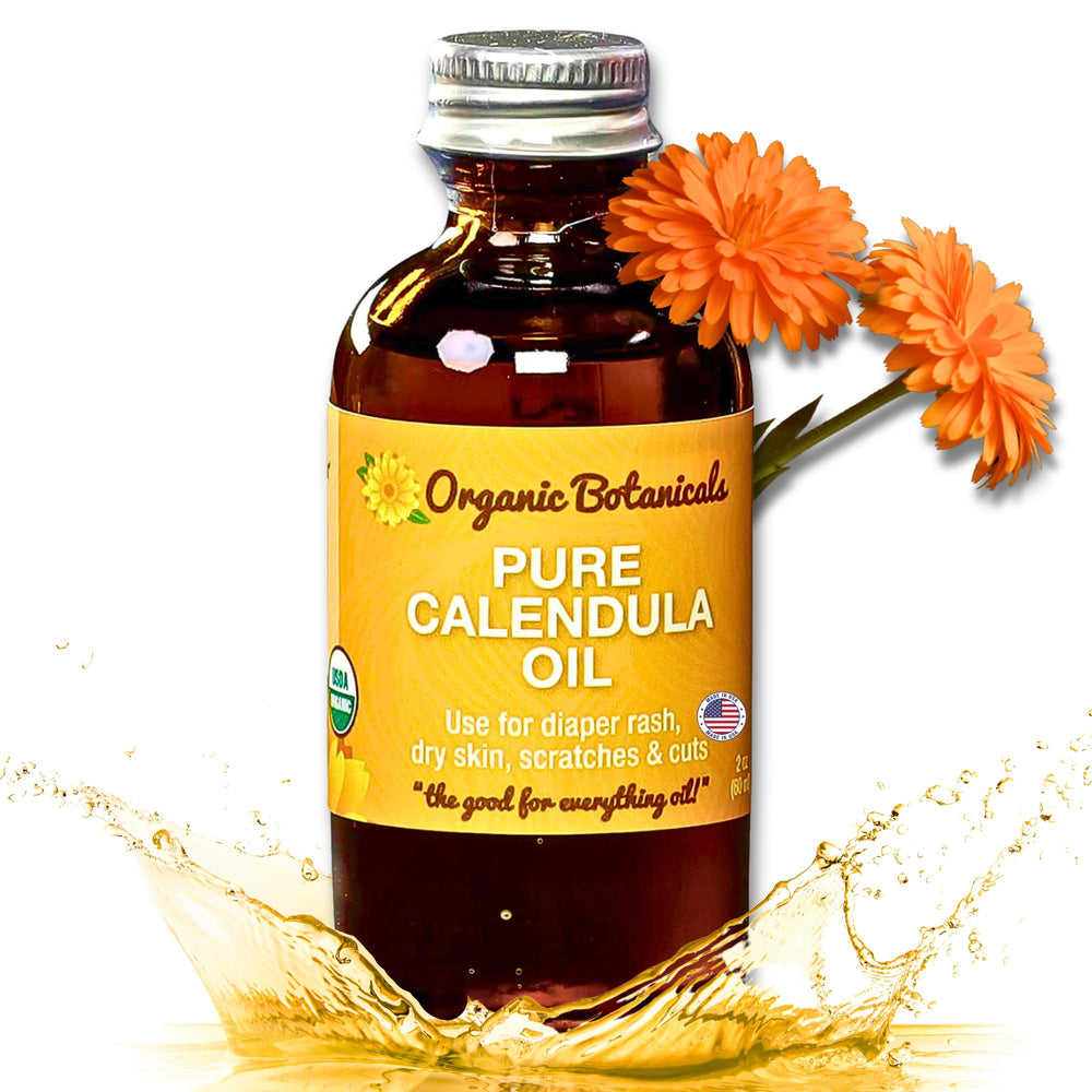 Organic Botanicals calendula oil bottle for soothing skin and gentle care.