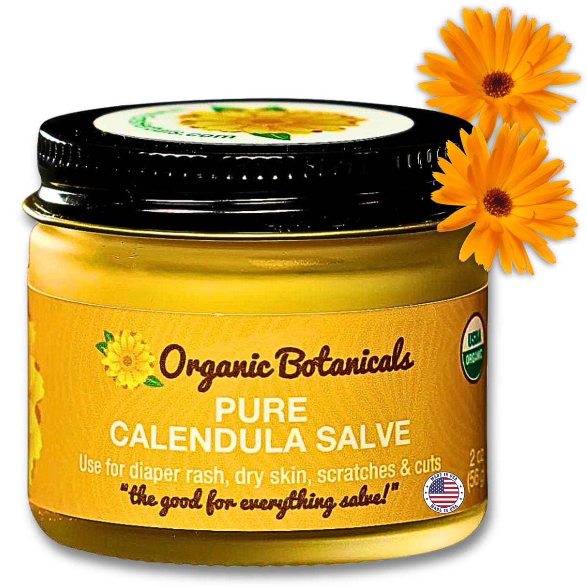 Organic Botanicals Calendula Salve jar demonstrating pure calendula healing for everyday skin.