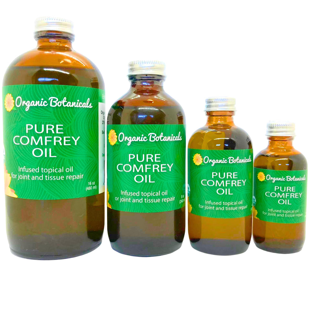 Organic Botanicals Comfrey Leaf Oil bottle shows certified organic purity.