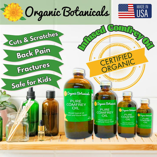 Organic Botanicals Comfrey Leaf Oil fracture-relief bottle suggests calm support for affected areas.