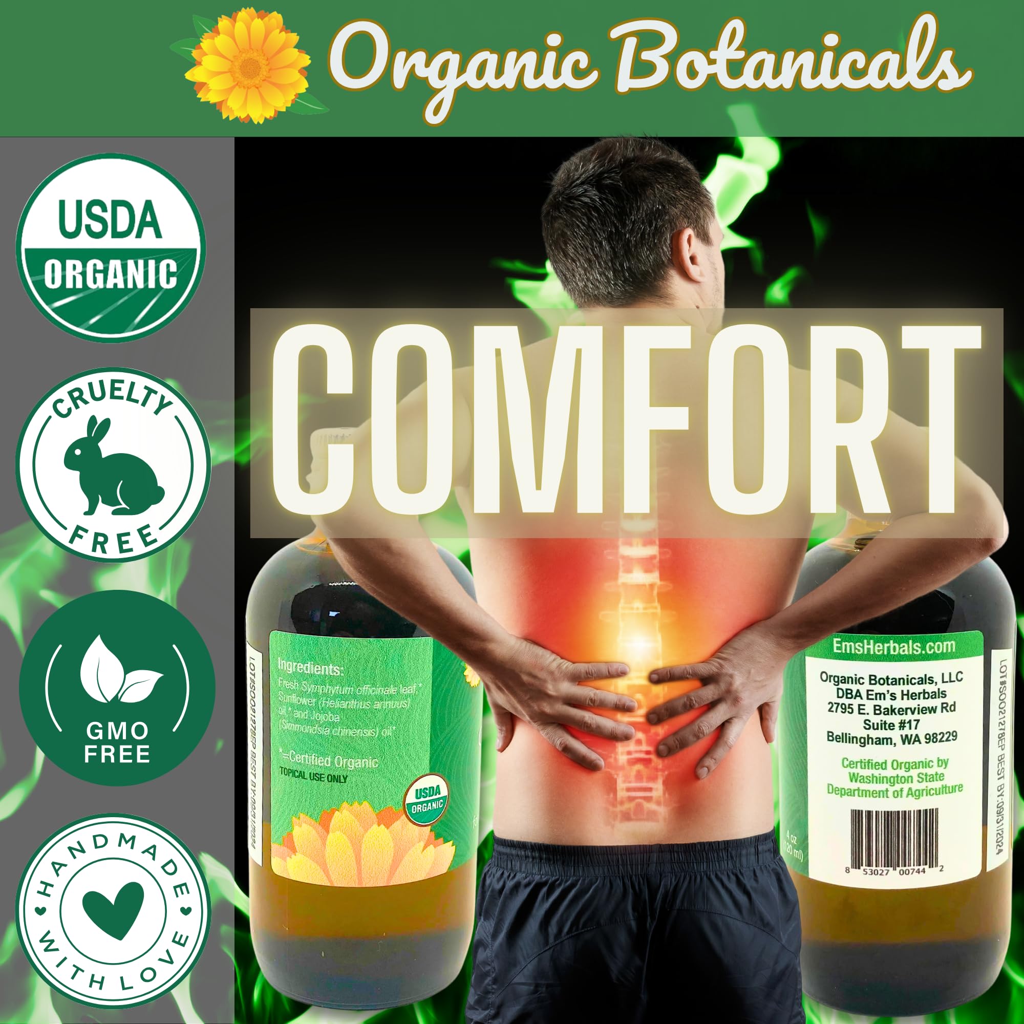 Organic Botanicals Comfrey Leaf Oil jar label close-up