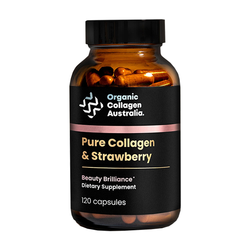 Organic Collagen Australia Beauty Brilliance strawberry capsules on a clean surface, boosting skin radiance.