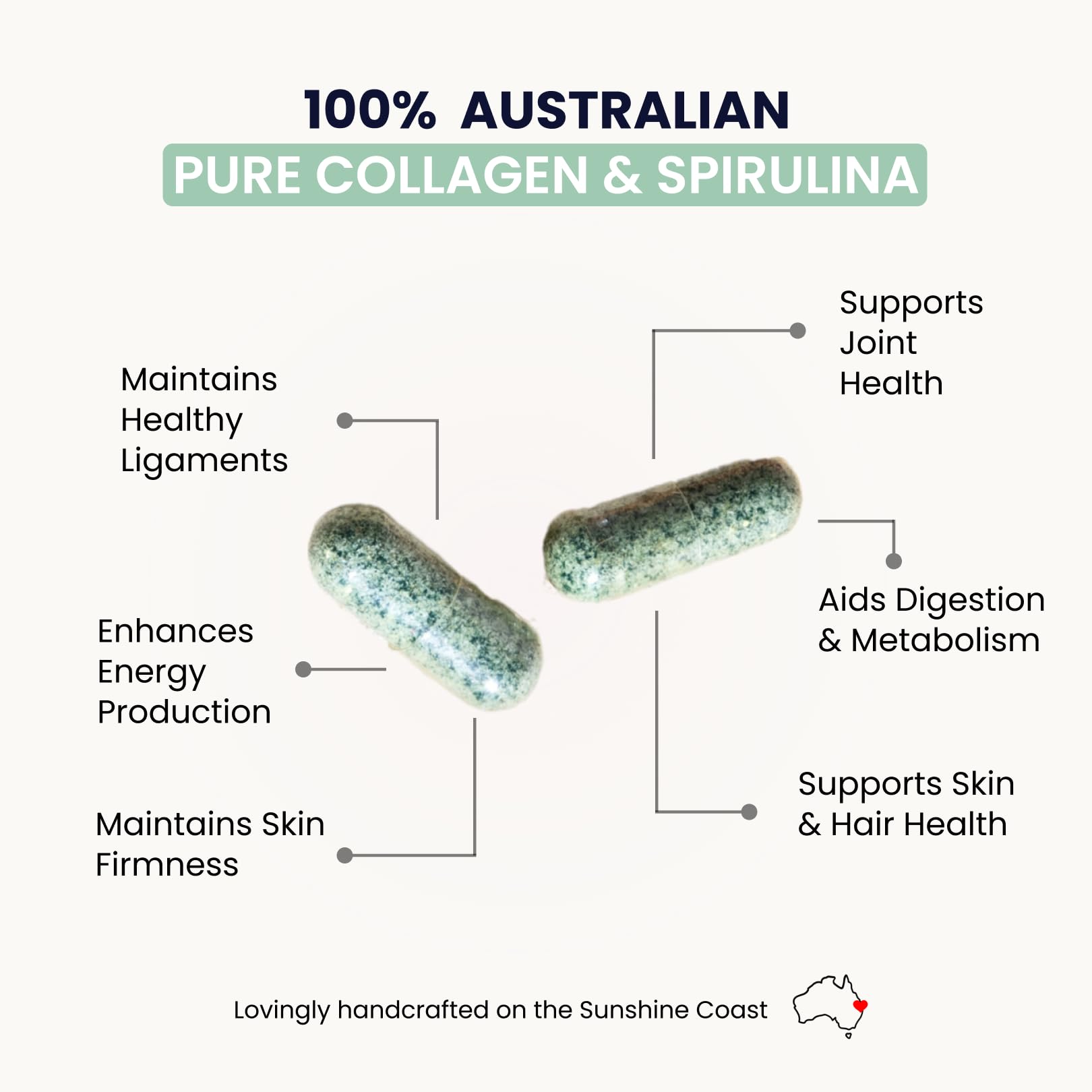 Organic Collagen Australia bottle front shows grass-fed collagen and clean ingredient profile for energy support.