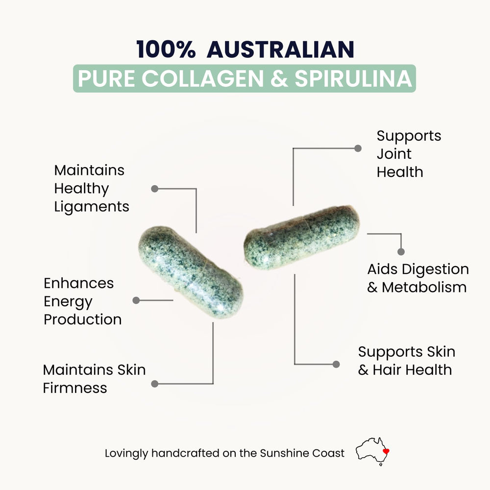 Organic Collagen Australia bottle front shows grass-fed collagen and clean ingredient profile for energy support.