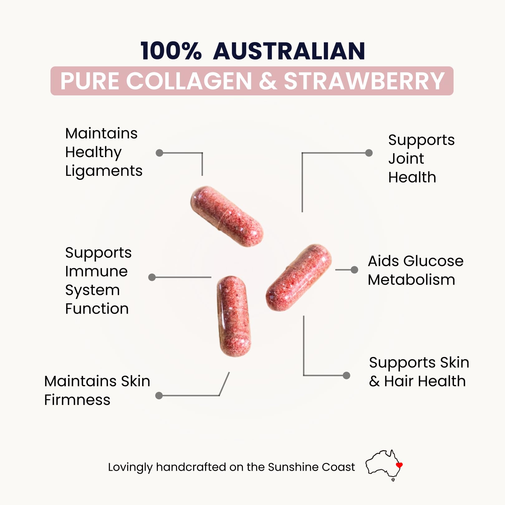 Organic Collagen Australia bottle strawberry capsules close-up highlighting clean organic formula.