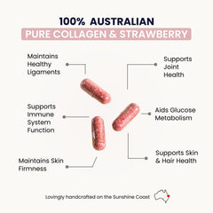 Organic Collagen Australia bottle strawberry capsules close-up highlighting clean organic formula.