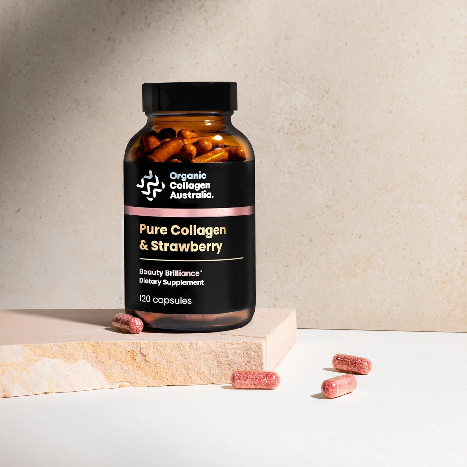Organic Collagen Australia strawberry capsules close-up shows premium hydrolyzed formula.