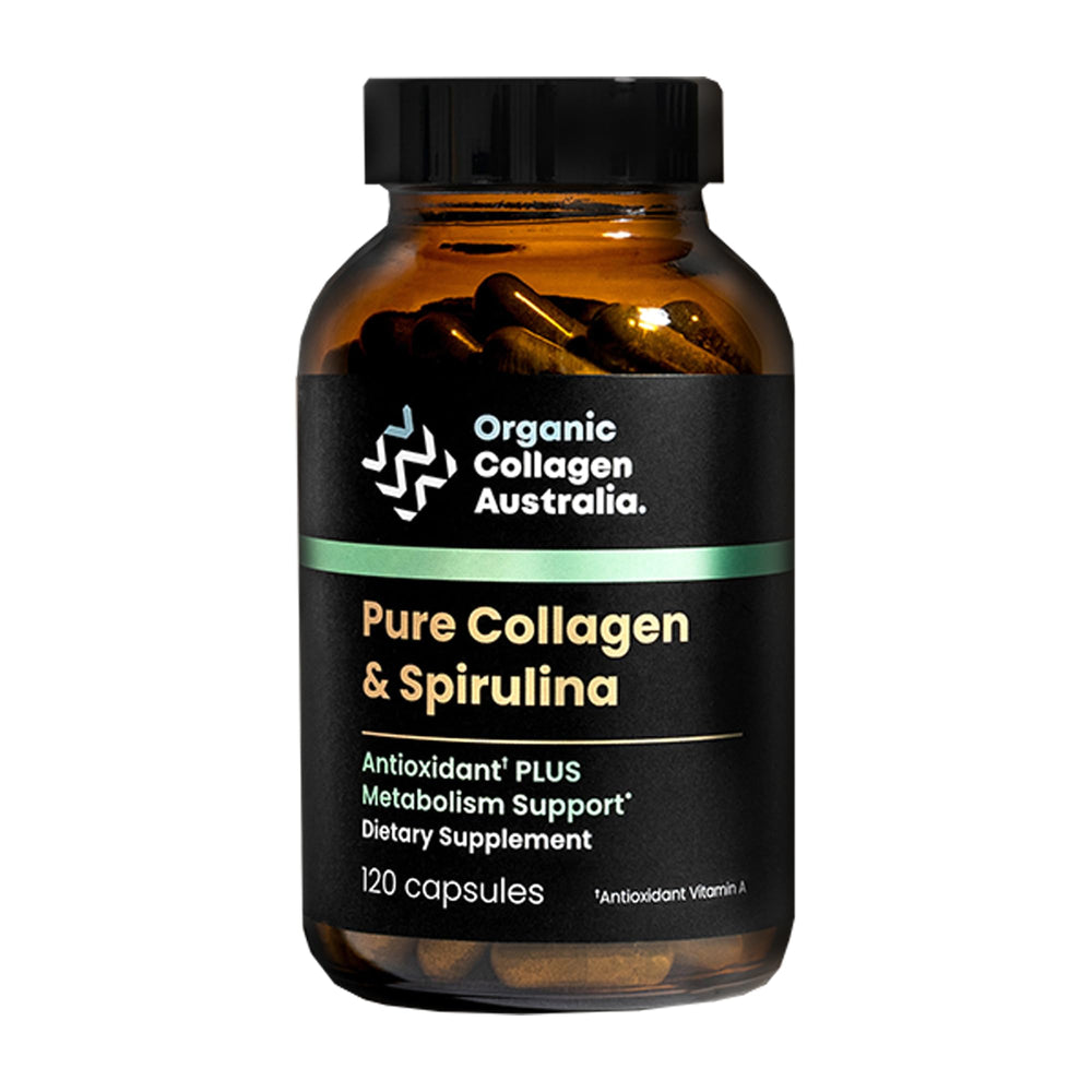 Organic Collagen Australia pure collagen-spirulina capsules bottle promotes skin elasticity and daily vitality.