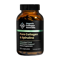 Organic Collagen Australia pure collagen-spirulina capsules bottle promotes skin elasticity and daily vitality.