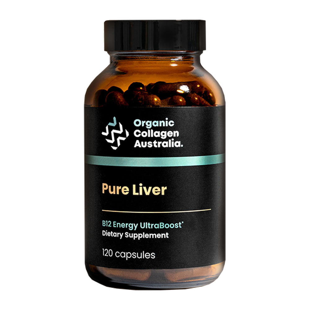 Organic Collagen Australia liver capsules bottle for daily energy support.