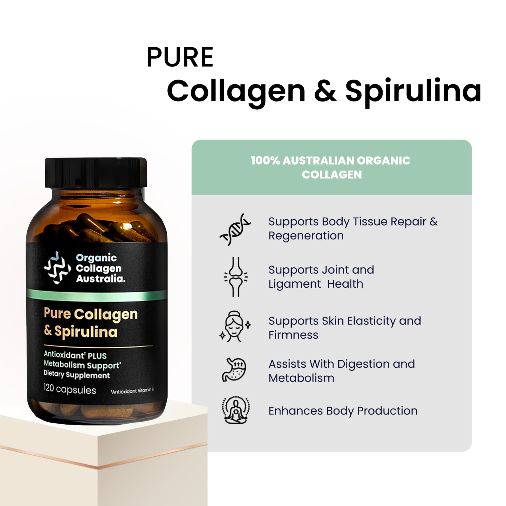 Organic Collagen Australia spirulina capsules closeup highlights antioxidant-rich formula for wellness.