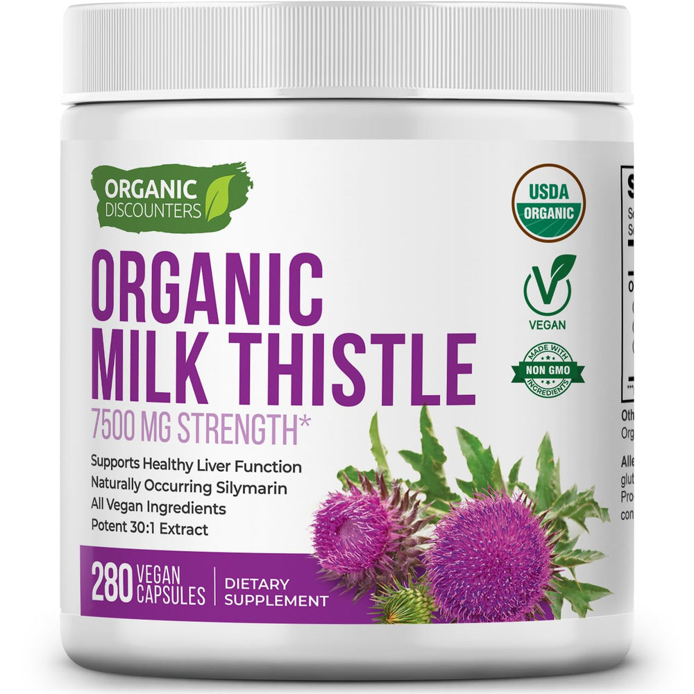 Organic Discounters Milk Thistle bottle showing 7500 mg per capsule