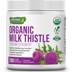 Organic Discounters Milk Thistle bottle showing 7500 mg per capsule