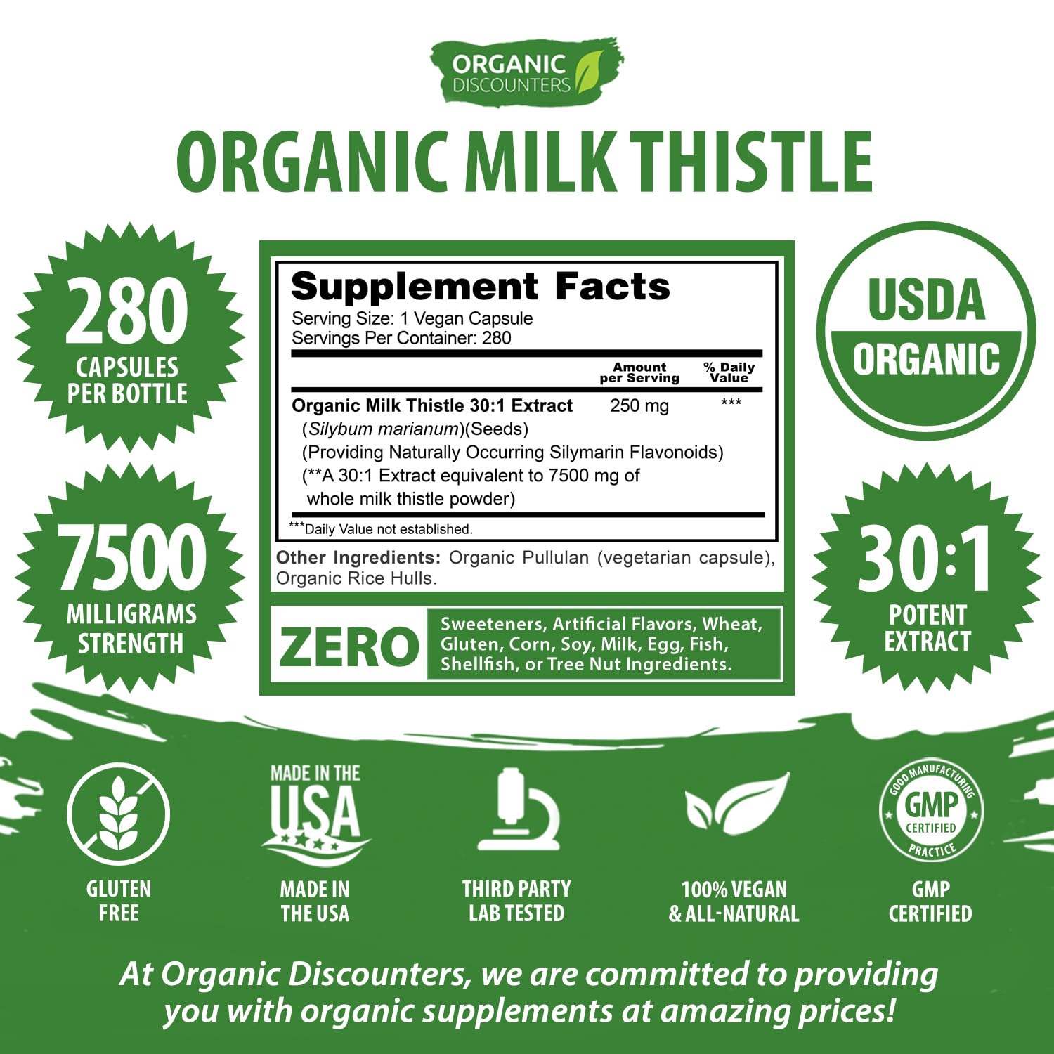 Close-up of Organic Discounters Milk Thistle capsules rich in silymarin flavonoids
