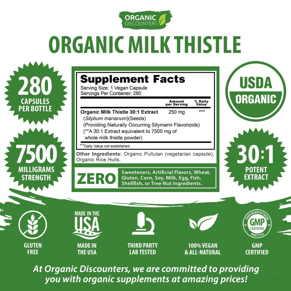 Close-up of Organic Discounters Milk Thistle capsules rich in silymarin flavonoids