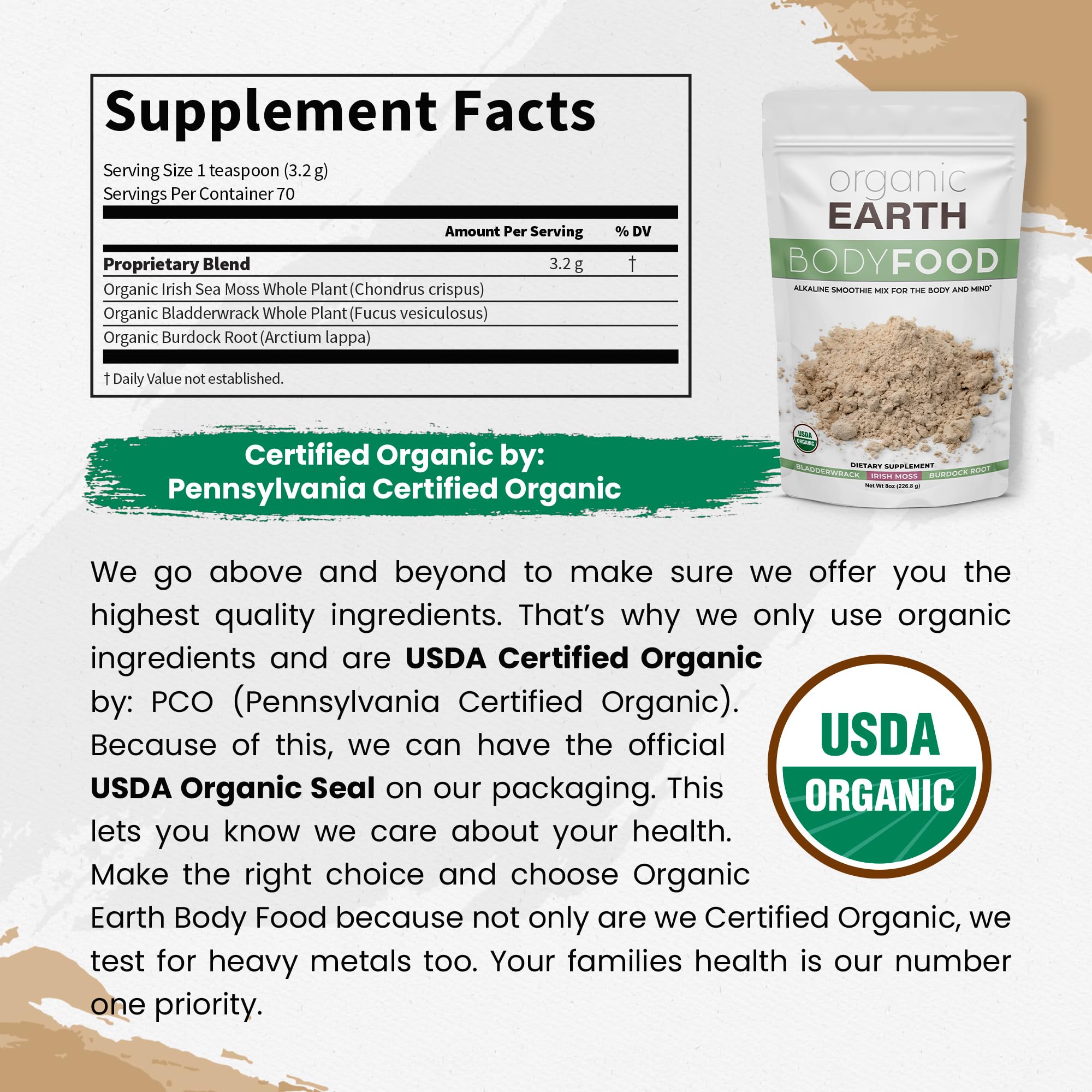 Organic Earth bladderwrack burdock root mix powder in a bowl