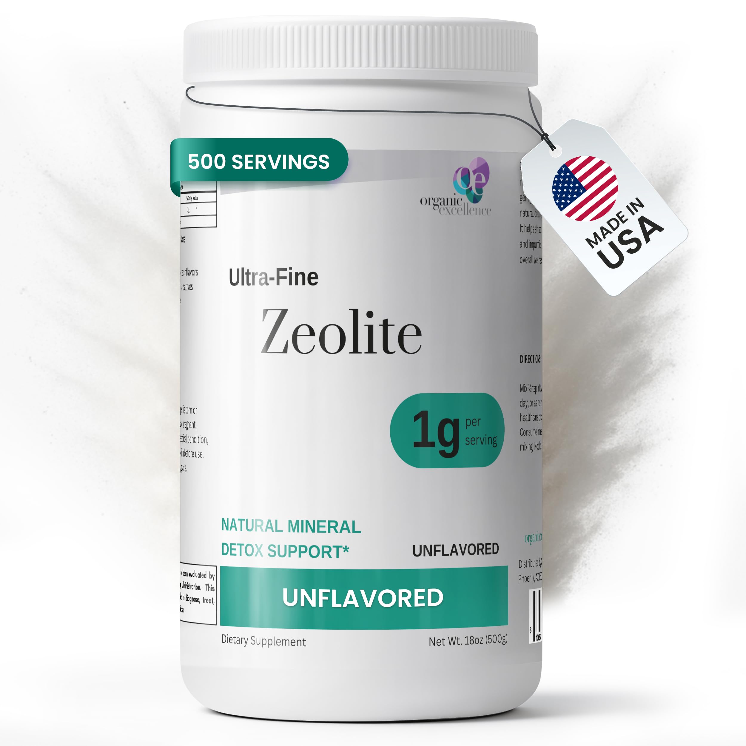Organic Excellence Zeolite Clinoptilolite powder bottle for gut support.