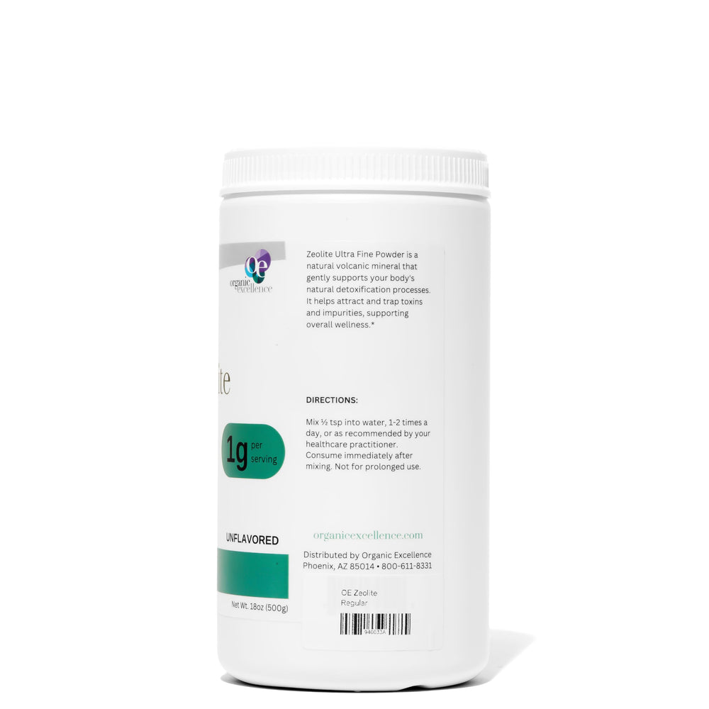 Organic Excellence Zeolite Clinoptilolite powder on shelf supports daily routines.