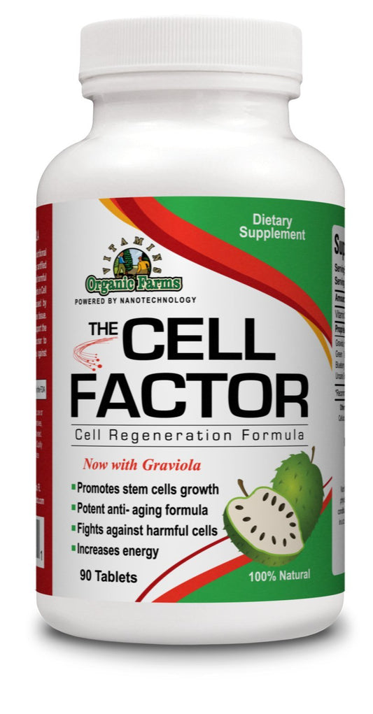 Organic Farms Vitamins Cell Factor Graviola bottle for energy and bone support.