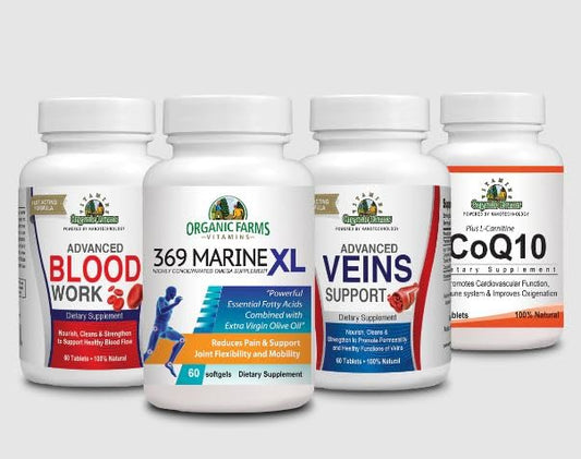 Organic Farms Vitamins Circulation Kit capsules for circulatory support with Blood, Co-Q10, and Veins.