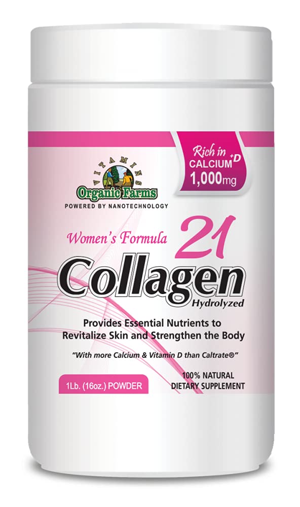 Organic Farms Vitamins Collagen 21 hydrolyzed bottle, premium women's formula for skin and bone support.