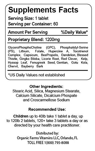 Organic Farms Vitamins Neuro Care Kids tablets highlight compact form for on-the-go focus.